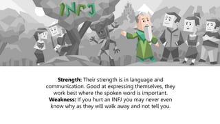 Strength: Their strength is in language and
communication. Good at expressing themselves, they
work best where the spoken word is important.
Weakness: If you hurt an INFJ you may never even
know why as they will walk away and not tell you.
 