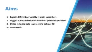 Aims
1. Explain different personality types in subscribers
2. Suggest a practical solution to address personality varieties
3. Utilise historical data to determine optimal ROI
on future sends
 