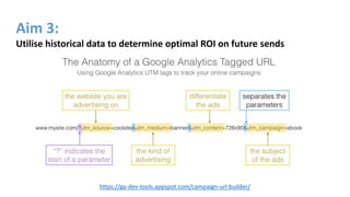 Aim 3:
Utilise historical data to determine optimal ROI on future sends
https://ga-dev-tools.appspot.com/campaign-url-builder/
 
