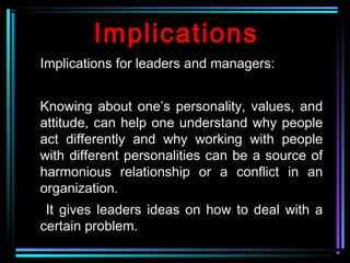 Implications
Implications for leaders and managers:
Knowing about one’s personality, values, and
attitude, can help one understand why people
act differently and why working with people
with different personalities can be a source of
harmonious relationship or a conflict in an
organization.
It gives leaders ideas on how to deal with a
certain problem.
 