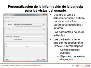 Personalización de la información de la bandeja
                    para las vistas del usuario
                                                               • Usando el Oracle
                                                                 JDeveloper usted deberá
                                                                 nombrar todos los
                                                                 parámetros asociados a
                                                                 la tarea.
                                                               • Los parámetros no serán
                                                                 editables.
                                                               • Los parámetros tienen
                                                                 que ser mapeados en el
                                                                 Oracle BPM Workspace
                                                                   – Campos flexibles
                                                                     públicos
                                                                   – El proceso debe estar
                                                                     desplegado.

Copyright © 2012 CROSSNET SAC. Todos los Derechos Reservados                  4 - 11
 
