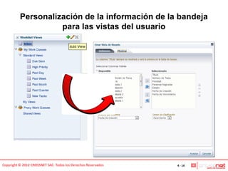 Personalización de la información de la bandeja
                    para las vistas del usuario




Copyright © 2012 CROSSNET SAC. Todos los Derechos Reservados   4 - 14
 