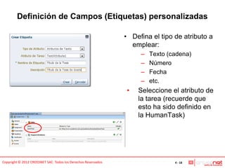 Definición de Campos (Etiquetas) personalizadas

                                                               • Defina el tipo de atributo a
                                                                 emplear:
                                                                    –   Texto (cadena)
                                                                    –   Número
                                                                    –   Fecha
                                                                    –   etc.
                                                               •   Seleccione el atributo de
                                                                   la tarea (recuerde que
                                                                   esto ha sido definido en
                                                                   la HumanTask)




Copyright © 2012 CROSSNET SAC. Todos los Derechos Reservados                    4 - 18
 