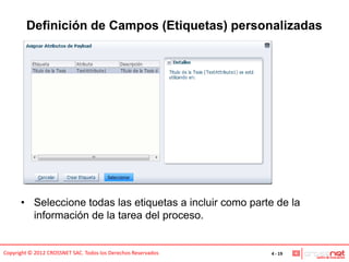 Definición de Campos (Etiquetas) personalizadas




      • Seleccione todas las etiquetas a incluir como parte de la
        información de la tarea del proceso.


Copyright © 2012 CROSSNET SAC. Todos los Derechos Reservados   4 - 19
 