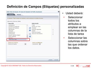 Definición de Campos (Etiquetas) personalizadas
                                                               • Usted deberá:
                                                                • Seleccionar
                                                                  todos los
                                                                  atributos a
                                                                  emplear en las
                                                                  columnas de la
                                                                  lista de tarea
                                                                • Seleccionar las
                                                                  columnas sobre
                                                                  las que ordenar
                                                                  los datos.




Copyright © 2012 CROSSNET SAC. Todos los Derechos Reservados         4 - 20
 