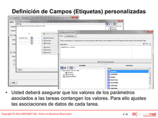 Definición de Campos (Etiquetas) personalizadas




   • Usted deberá asegurar que los valores de los parámetros
     asociados a las tareas contengan los valores. Para ello ajustes
     las asociaciones de datos de cada tarea.
Copyright © 2012 CROSSNET SAC. Todos los Derechos Reservados   4 - 21
 