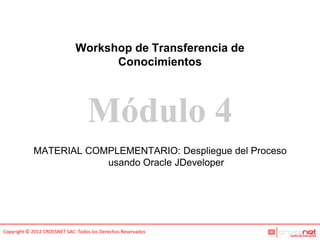 Workshop de Transferencia de
                                    Conocimientos



                                   Módulo 4
            MATERIAL COMPLEMENTARIO: Despliegue del Proceso
                        usando Oracle JDeveloper




Copyright © 2012 CROSSNET SAC. Todos los Derechos Reservados
 