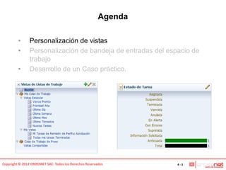 Agenda

         •      Personalización de vistas
         •      Personalización de bandeja de entradas del espacio de
                trabajo
         •      Desarrollo de un Caso práctico.




Copyright © 2012 CROSSNET SAC. Todos los Derechos Reservados      4-3
 