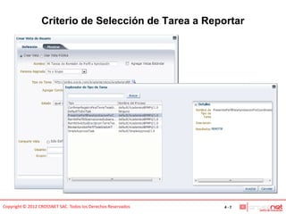 Criterio de Selección de Tarea a Reportar




Copyright © 2012 CROSSNET SAC. Todos los Derechos Reservados   4-7
 