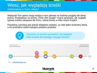 10
Wiesz, jak wyglądają ścieżki
wielokanałowe w Twoim sklepie?
Większość firm opiera swoją wiedzę w tym zakresie na średniej przyjętej dla danej
branży. Przykładowo na stronie „Think with Google” można sprawdzić, jak wygląda
typowa ścieżka zakupowa dla firmy z danej branży w kilku innych krajach.
Prawdziwą wartością jest jednak dokładnie wiedzieć, co robił jeden konkretny klient,
a nie przeciętna osoba kupująca podobne produkty.
Źródło: ThinkWithGoogle.com
 