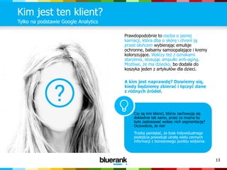 13
Kim jest ten klient?
Tylko na podstawie Google Analytics
Prawdopodobnie to osoba o jasnej
karnacji, która dba o skórę i chroni ją
przed słońcem wybierając emulsje
ochronne, balsamy samoopalające i kremy
koloryzujące. Walczy też z oznakami
starzenia, stosując ampułki anti-aging.
Możliwe, że ma dziecko, bo dodała do
koszyka jeden z artykułów dla dzieci.
A kim jest naprawdę? Dowiemy się,
kiedy będziemy zbierać i łączyć dane
z różnych źródeł.
Czy są inni klienci, którzy zachowują się
dokładnie tak samo, przez co można by
było zastosować wobec nich segmentację?
Oczywiście, że nie!
Trzeba pamiętać, że brak indywidualnego
podejścia powoduje utratę wielu cennych
informacji z biznesowego punktu widzenia.
 