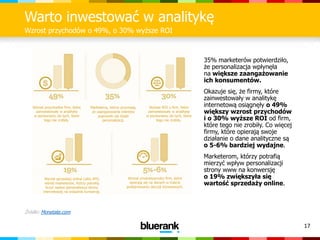 17
Warto inwestować w analitykę
Wzrost przychodów o 49%, o 30% wyższe ROI
Źródło: Monetate.com
35% marketerów potwierdziło,
że personalizacja wpłynęła
na większe zaangażowanie
ich konsumentów.
Okazuje się, że firmy, które
zainwestowały w analitykę
internetową osiągnęły o 49%
większy wzrost przychodów
i o 30% wyższe ROI od firm,
które tego nie zrobiły. Co więcej
firmy, które opierają swoje
działanie o dane analityczne są
o 5-6% bardziej wydajne.
Marketerom, którzy potrafią
mierzyć wpływ personalizacji
strony www na konwersję
o 19% zwiększyła się
wartość sprzedaży online.
Wzrost przychodów firm, które
zainwestowały w analitykę
w porównaniu do tych, które
tego nie zrobiły.
Marketerzy, którzy przyznają,
że zaangażowanie klientów
poprawiło się dzięki
personalizacji.
Wyższe ROI u firm, które
zainwestowały w analitykę
w porównaniu do tych, które
tego nie zrobiły.
Wzrost sprzedaży online (albo KPI)
wśród marketerów, którzy potrafią
liczyć wpływ personalizacji strony
internetowej na wskaźnik konwersji.
Wzrost produktywności firm, które
opierają się na danych w trakcie
podejmowaniu decyzji biznesowych.
 