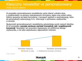 21
0,00%
0,02%
0,04%
0,06%
0,08%
0,10%
0,12%
zł0,00
zł1,00
zł2,00
zł3,00
zł4,00
zł5,00
zł6,00
zł7,00
Newsletter klasyczny Newsletter personalizowany
Wartość na sesję Współczynnik konwersji e-commerce
Klasyczny newsletter vs personalizowany
Wyniki naszych klientów
Źródło: Bluerank
W przypadku personalizowania newsletterów warto zbierać unikalne dane
o użytkownikach za pomocą rozbudowanych formularzy zapisu oraz ankiet online.
Dobrze sprawdza się także korzystanie z rozwiązań opartych o automatyzację, które
do personalizacji wykorzystują m.in. informacje o zachowaniu użytkownika
w serwisie.
Skuteczność personalizowanych newsletterów potwierdzają wyniki naszych klientów.
W ich przypadku wzrosła zarówno wartość transakcji, jak i współczynnik
konwersji. Newsletter był oczywiście dopasowany do preferencji danego
użytkownika, a nie tylko zatytułowany odpowiednim imieniem.
 