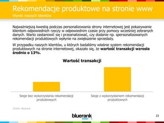 22
Rekomendacje produktowe na stronie www
Wyniki naszych klientów
Źródło: Bluerank
Najważniejszą kwestią podczas personalizowania strony internetowej jest pokazywanie
klientom odpowiednich rzeczy w odpowiednim czasie przy pomocy wcześniej zebranych
danych. Warto zastanowić się i przeanalizować, czy dodanie np. spersonalizowanych
rekomendacji produktowych wpłynie na zwiększenie sprzedaży.
W przypadku naszych klientów, u których badaliśmy właśnie system rekomendacji
produktowych na stronie internetowej, okazało się, że wartość transakcji wzrosła
średnio o 13%.
Sesje bez wykorzystania rekomendacji
produktowych
Sesje z wykorzystaniem rekomendacji
produktowych
Wartość transakcji
 