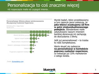 3
Personalizacja to coś znacznie więcej
niż rozpoczęcie maila od czyjegoś imienia…
Źródło: Econsultancy.com
Wyniki badań, które przedstawiamy
w tym raporcie jasno wskazują, że
jako klienci oczekujemy od firm
w pełni zindywidualizowanego
podejścia. Standardowe maile
zatytułowane naszym imieniem
bardziej denerwują niż zachęcają
do skorzystania z oferty.
Jeśli już personalizować – to trzeba
to robić kompleksowo.
Warto skupić się zwłaszcza
na personalizacji w kontekście
poprawy customer experience,
co wskazuje już 33% marketerów
z całego świata.
 