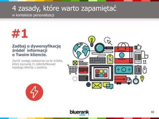 42
4 zasady, które warto zapamiętać
w kontekście personalizacji
Zadbaj o dywersyfikację
źródeł informacji
o Twoim kliencie.
Zwróć uwagę zwłaszcza na te źródła,
które pozwolą Ci zidentyfikować
każdego klienta z osobna.
#1
 