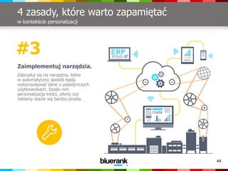 44
4 zasady, które warto zapamiętać
w kontekście personalizacji
Zaimplementuj narzędzia.
Zdecyduj się na narzędzia, które
w automatyczny sposób będą
wykorzystywać dane o pojedynczych
użytkownikach. Dzięki nim
personalizacja treści, oferty czy
reklamy stanie się bardzo prosta.
#3
 