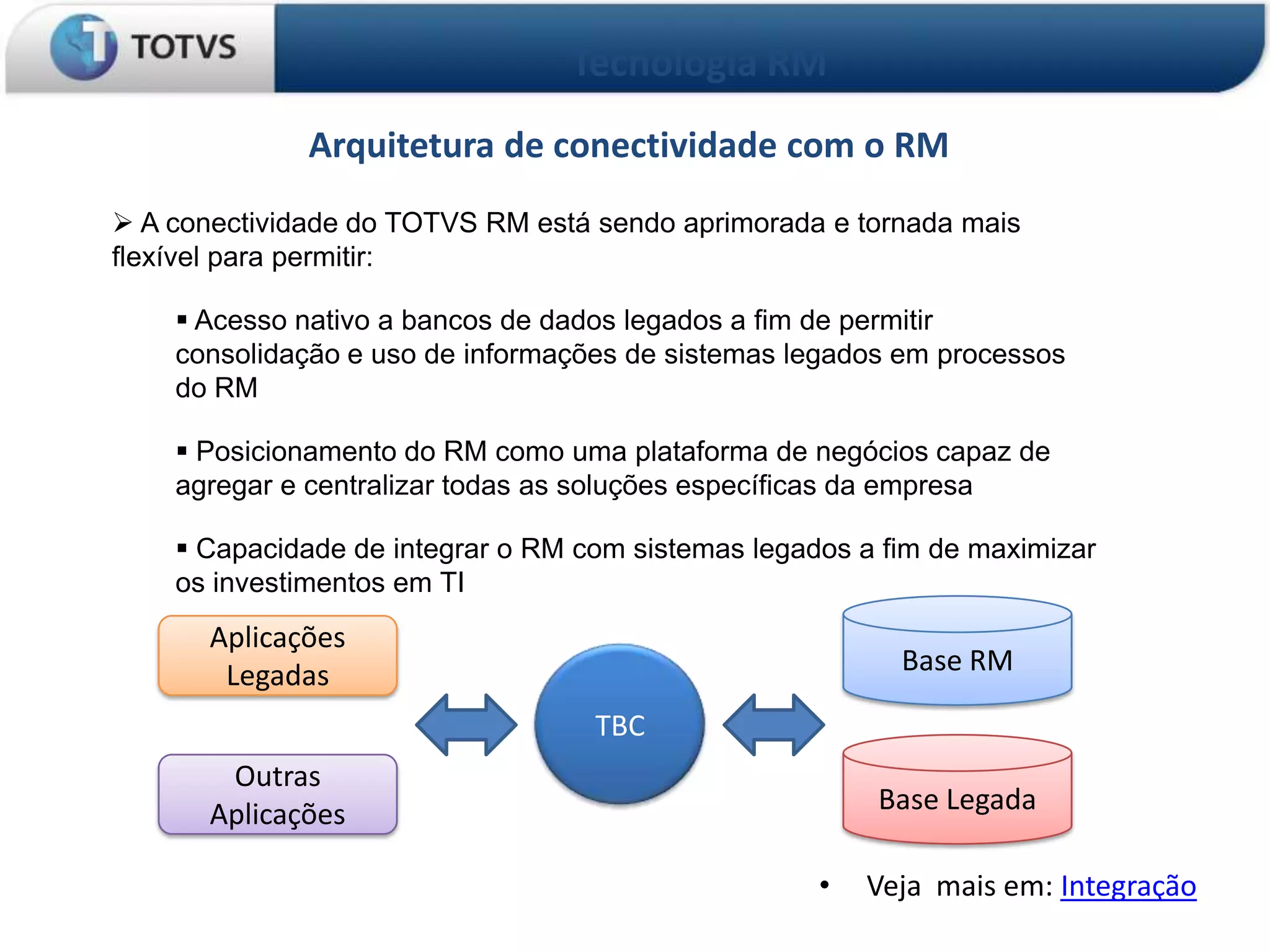 Tecnologia RM
              Arquitetura de conectividade com o RM
 A conectividade do TOTVS RM está sendo aprimorada e tornada mais
flexível para permitir:

     Acesso nativo a bancos de dados legados a fim de permitir
    consolidação e uso de informações de sistemas legados em processos
    do RM

     Posicionamento do RM como uma plataforma de negócios capaz de
    agregar e centralizar todas as soluções específicas da empresa

     Capacidade de integrar o RM com sistemas legados a fim de maximizar
    os investimentos em TI
       Aplicações
        Legadas                                           Base RM

                                   TBC
        Outras
       Aplicações                                       Base Legada

                                                    •   Veja mais em: Integração
 