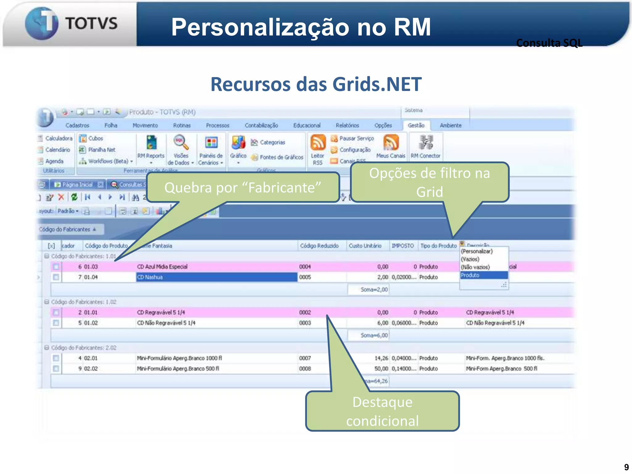 Personalização no RM                               Consulta SQL


      Recursos das Grids.NET


                             Opções de filtro na
Quebra por “Fabricante”            Grid




                           Destaque
                          condicional

                                                                  9
 