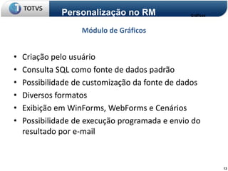 Personalização no RM              Gráficos


                   Módulo de Gráficos


•   Criação pelo usuário
•   Consulta SQL como fonte de dados padrão
•   Possibilidade de customização da fonte de dados
•   Diversos formatos
•   Exibição em WinForms, WebForms e Cenários
•   Possibilidade de execução programada e envio do
    resultado por e-mail



                                                           13
 