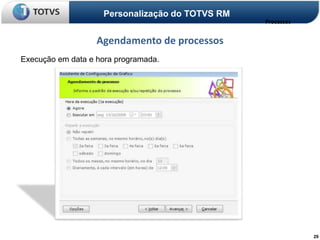 Personalização do TOTVS RM
                                                 Processos


                   Agendamento de processos
Execução em data e hora programada.




                                                             29
 