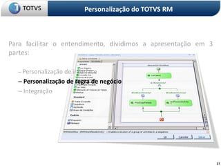 Personalização do TOTVS RM



Para facilitar o entendimento, dividimos a apresentação em 3
partes:

  – Personalização de interface
  – Personalização de regra de negócio
  – Integração




                                                               31
 