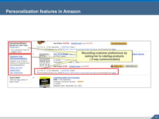 Personalization features in Amazon Recording customer preferences by asking her to rate/tag products ( 2 way communication) Recording customer preferences by asking her to rate/tag products ( 2 way communication) Recording customer preferences by asking her to rate/tag products ( 2 way communication) 