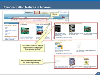 Personalization features in Amazon Name Name Recommendations based on preferences of people with similar profile Recommendations based on preferences of people with similar profile Recommendations based on browsing history 