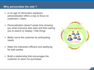 Why personalize the web ? In an age of information explosion, personalization offers a way to focus on customers / users Personalization doesn't waste time showing you what everyone else sees and then asking you to search or display / hide things Better serve the customer by anticipating needs Make the interaction efficient and satisfying for both parties Build a relationship that encourages the customer to return for purchases Customer Database Business Applications 