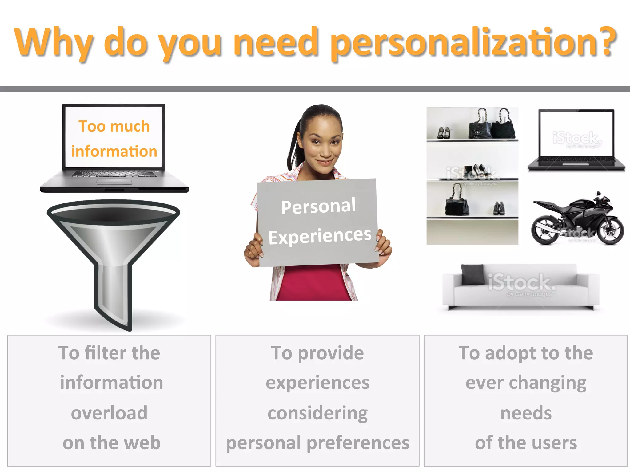 Why do you need personalization?
To filter the
information
overload
on the web
To provide
experiences
considering
personal
preferences
To adopt to
the ever
changing
needs of
the users
Need for personal
experiences
Demanding 
consumers
Information
clutter
 