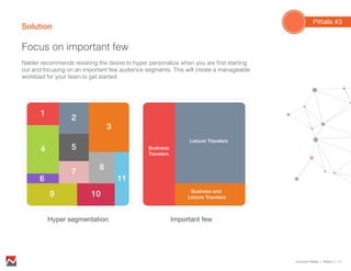 Solution
Focus on important few
Pitfalls #3
Nabler recommends resisting the desire to hyper personalize when you are first starting
out and focusing on an important few audience segments. This will create a manageable
workload for your team to get started.
Common Pitfalls > Pitfall 3 > 17
Hyper segmentation Important few
1
2
3
54
6
9
7
8
11
10
Business
Travelers
Leisure Travelers
Business and
Leisure Travelers
 