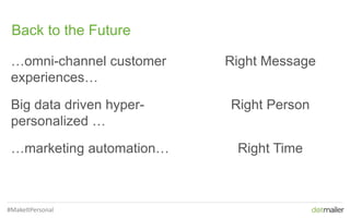 13
Back to the Future
…omni-channel customer
experiences…
Right Message
Big data driven hyper-
personalized …
Right Person
…marketing automation… Right Time
#MakeItPersonal
 