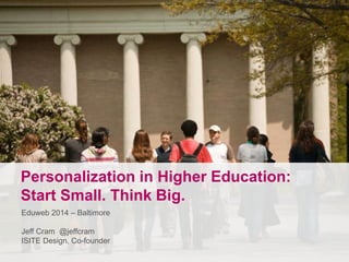 a
Personalization in Higher Education:
Start Small. Think Big.
Eduweb 2014 – Baltimore
Jeff Cram @jeffcram
ISITE Design, Co-founder
 