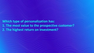 Which type of personalization has:
1. The most value to the prospective customer?
2. The highest return on investment?
 