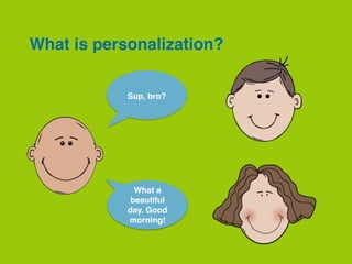 What is personalization?
What a beautiful
day. Good morning!
Sup, bro?
 
