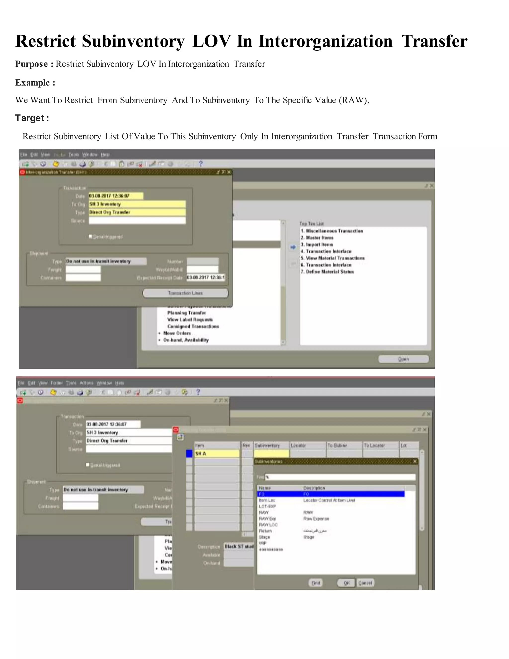 Personalization to restrict subinventory lov in interorganization ...