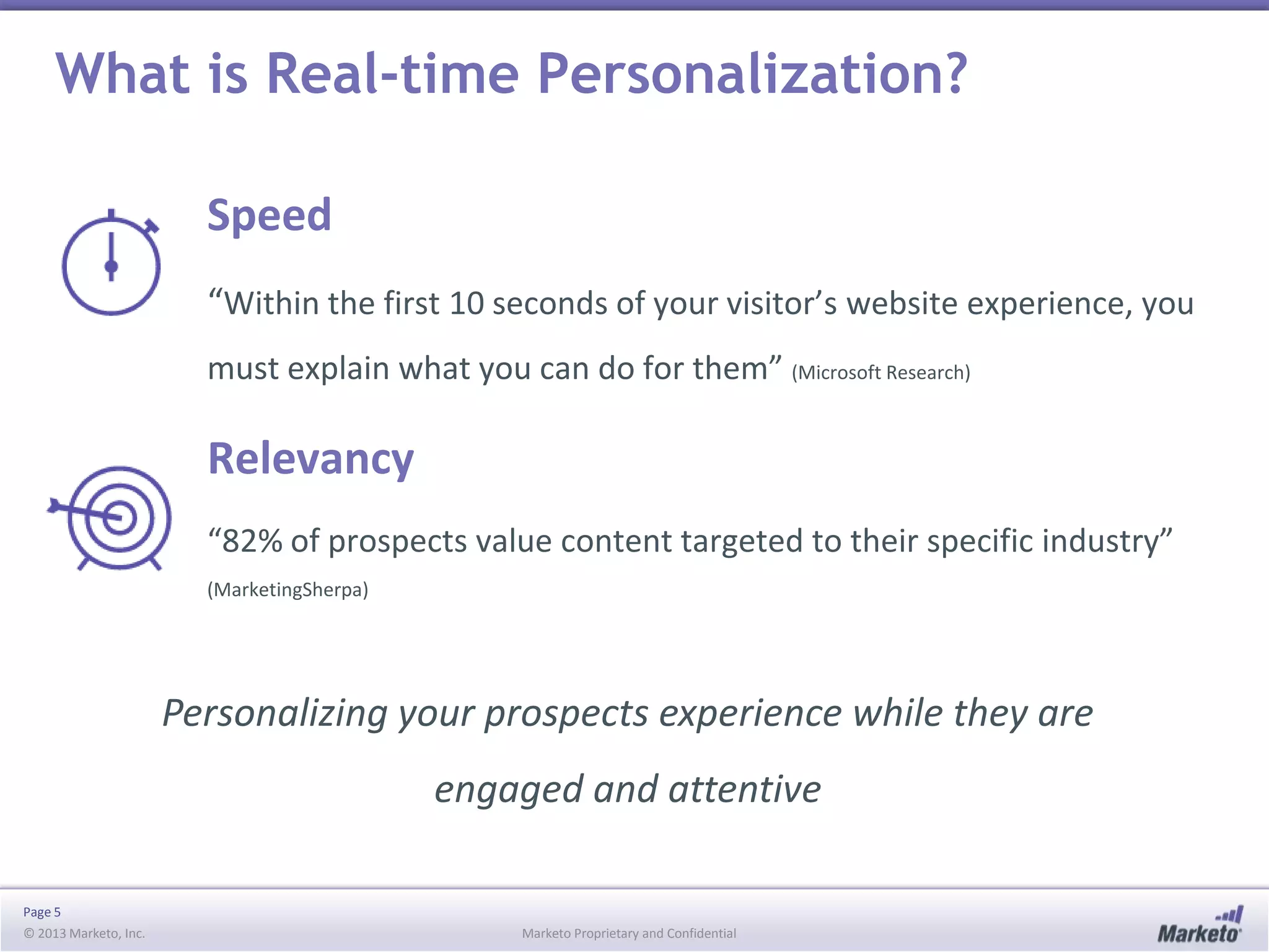 What is Real-time Personalization?
Speed
“Within the first 10 seconds of your visitor’s website experience, you
must explain what you can do for them” (Microsoft Research)

Relevancy
“82% of prospects value content targeted to their specific industry”
(MarketingSherpa)

Personalizing your prospects experience while they are

engaged and attentive
Page 5
© 2013 Marketo, Inc.

Marketo Proprietary and Confidential

 