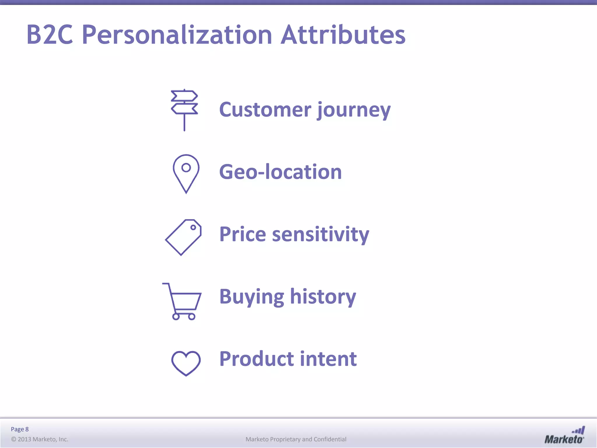 B2C Personalization Attributes
Customer journey
Geo-location
Price sensitivity

Buying history
Product intent
Page 8
© 2013 Marketo, Inc.

Marketo Proprietary and Confidential

 