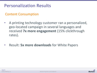Personalization Results
Content Consumption
• A printing technology customer ran a personalized,
geo-located campaign in several languages and
received 7x more engagement (15% clickthrough
rates).
• Result: 5x more downloads for White Papers

Page 36
© 2013 Marketo, Inc.

Marketo Proprietary and Confidential

 