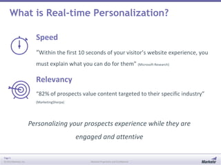 What is Real-time Personalization?
Speed
“Within the first 10 seconds of your visitor’s website experience, you
must explain what you can do for them” (Microsoft Research)

Relevancy
“82% of prospects value content targeted to their specific industry”
(MarketingSherpa)

Personalizing your prospects experience while they are

engaged and attentive
Page 5
© 2013 Marketo, Inc.

Marketo Proprietary and Confidential

 