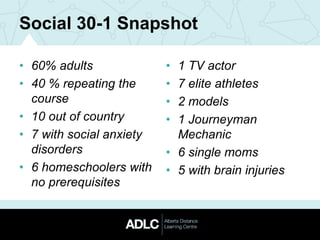 Social 30-1 Snapshot
• 60% adults
• 40 % repeating the
course
• 10 out of country
• 7 with social anxiety
disorders
• 6 homeschoolers with
no prerequisites
• 1 TV actor
• 7 elite athletes
• 2 models
• 1 Journeyman
Mechanic
• 6 single moms
• 5 with brain injuries
 