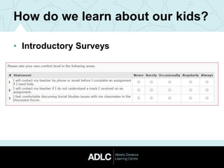 How do we learn about our kids?
• Introductory Surveys
 