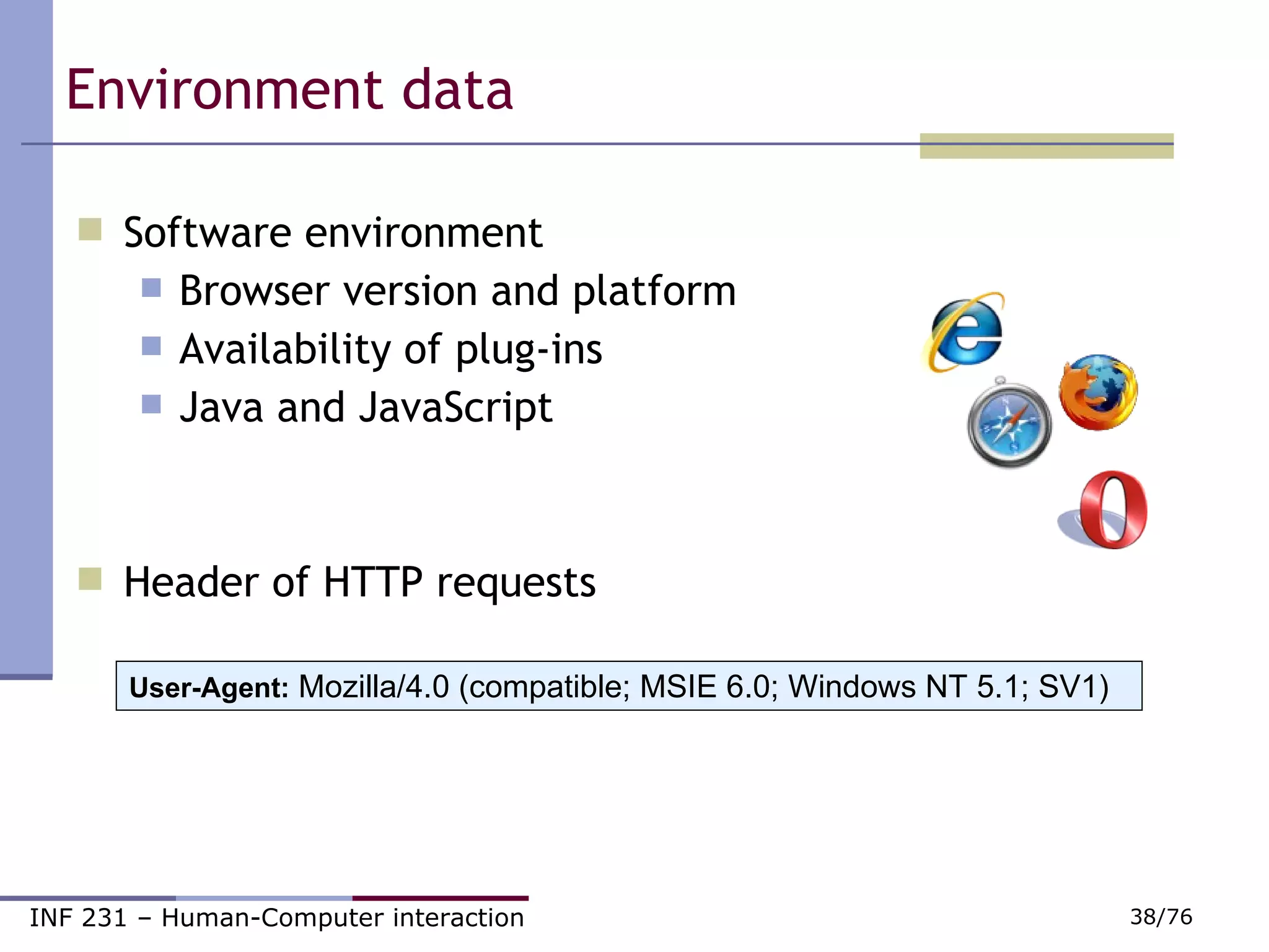 Environment data Software environment Browser version and platform Availability of plug-ins Java and JavaScript Header of HTTP requests User-Agent:  Mozilla/4.0 (compatible; MSIE 6.0; Windows NT 5.1; SV1)   