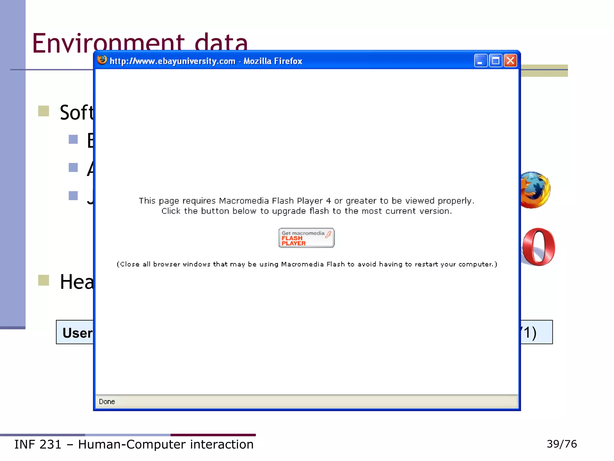 Environment data Software environment Browser version and platform Availability of plug-ins Java and JavaScript Header of HTTP requests User-Agent:  Mozilla/4.0 (compatible; MSIE 6.0; Windows NT 5.1; SV1)   