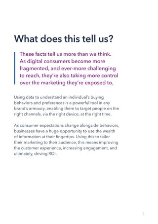 5
Using data to understand an individual’s buying
behaviors and preferences is a powerful tool in any
brand’s armoury, enabling them to target people on the
right channels, via the right device, at the right time.
As consumer expectations change alongside behaviors,
businesses have a huge opportunity to use the wealth
of information at their fingertips. Using this to tailor
their marketing to their audience, this means improving
the customer experience, increasing engagement, and
ultimately, driving ROI.
These facts tell us more than we think.
As digital consumers become more
fragmented, and ever-more challenging
to reach, they’re also taking more control
over the marketing they’re exposed to.
What does this tell us?
 