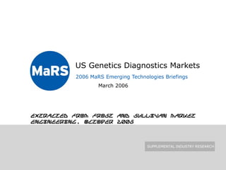 US Genetics Diagnostics Markets
March 2006
SUPPLEMENTAL INDUSTRY RESEARCH
2006 MaRS Emerging Technologies Briefings
Extracted from Frost and Sullivan Market
Engineering, October 2005
 