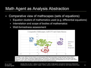 28 Jun 2024
AI Health Agents
Math Agent as Analysis Abstraction
36
Sources: Swan, M., Kido, T., Roland, E. & dos Santos, R.P. (2023). AI Math Agents: Computational Infrastructure, Mathematical
Embedding, and Genomics. AdS/CFT: Kaplan, J. (2016). Lectures on AdS/CFT from the bottom up. Johns Hopkins Lecture Course.
 Comparative view of mathscapes (sets of equations)
 Equation clusters of mathematics used (e.g. differential equations)
 Interrelation and scope of bodies of mathematics
 Well-formedness assessment
 