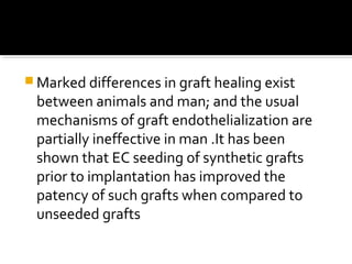  Marked differences in graft healing exist
between animals and man; and the usual
mechanisms of graft endothelialization are
partially ineffective in man .It has been
shown that EC seeding of synthetic grafts
prior to implantation has improved the
patency of such grafts when compared to
unseeded grafts
 