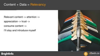 Content + Data = Relevancy
Relevant content -> attention ->
appreciation -> trust ->
consume content ->
I’ll stay and introduce myself
 