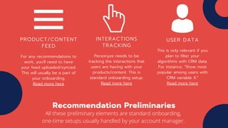 PRODUCT/CONTENT
FEED
For any recommendations to
work, you'll need to have
your feed uploaded/synced.
This will usually be a part of
your onboarding.
Read more here
Recommendation Preliminaries
INTERACTIONS
TRACKING
Personyze needs to be
tracking the interactions that
users are having with your
products/content. This is
standard onboarding setup.
Read more here
USER DATA
This is only relevant if you
plan to filter your
algorithms with CRM data.
For instance, "Show most
popular among users with
CRM variable X."
Read more here
All these preliminary elements are standard onboarding,
one-time setups usually handled by your account manager.
 